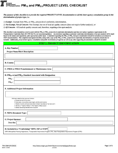 Form 734-5364 Pm10 and Pm2.5 Project Level Checklist - Oregon