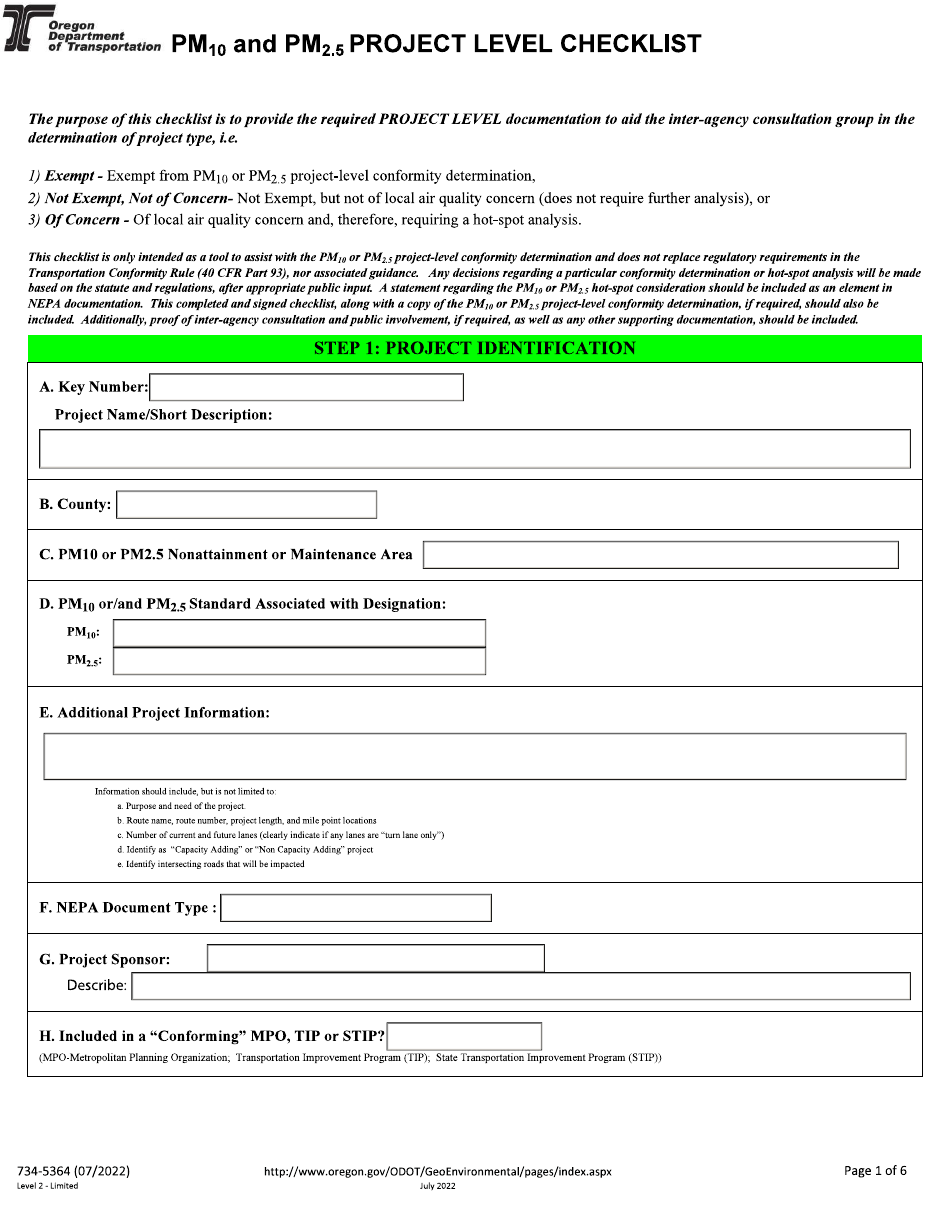 Form 734-5364 Pm10 and Pm2.5 Project Level Checklist - Oregon, Page 1