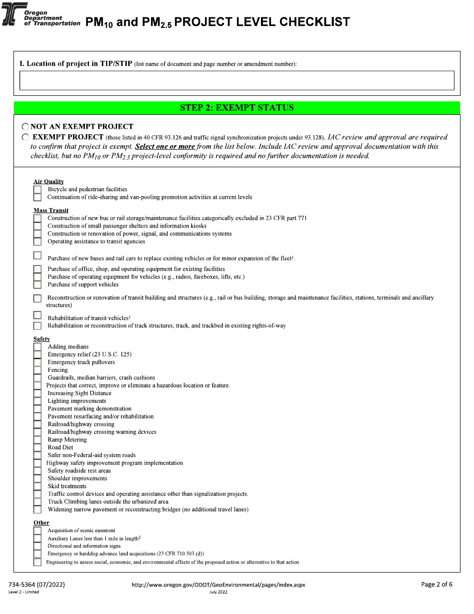 Form 734-5364 Pm10 and Pm2.5 Project Level Checklist - Oregon, Page 2