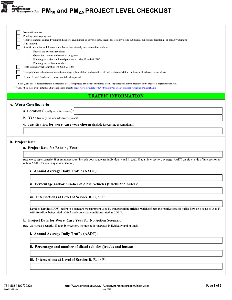 Form 734-5364 Pm10 and Pm2.5 Project Level Checklist - Oregon, Page 3
