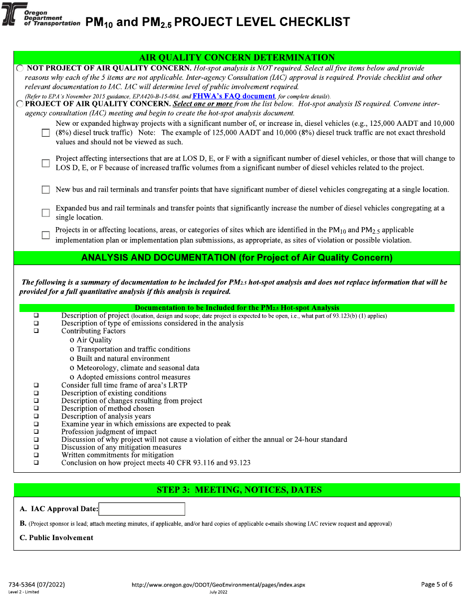 Form 734-5364 Pm10 and Pm2.5 Project Level Checklist - Oregon, Page 5