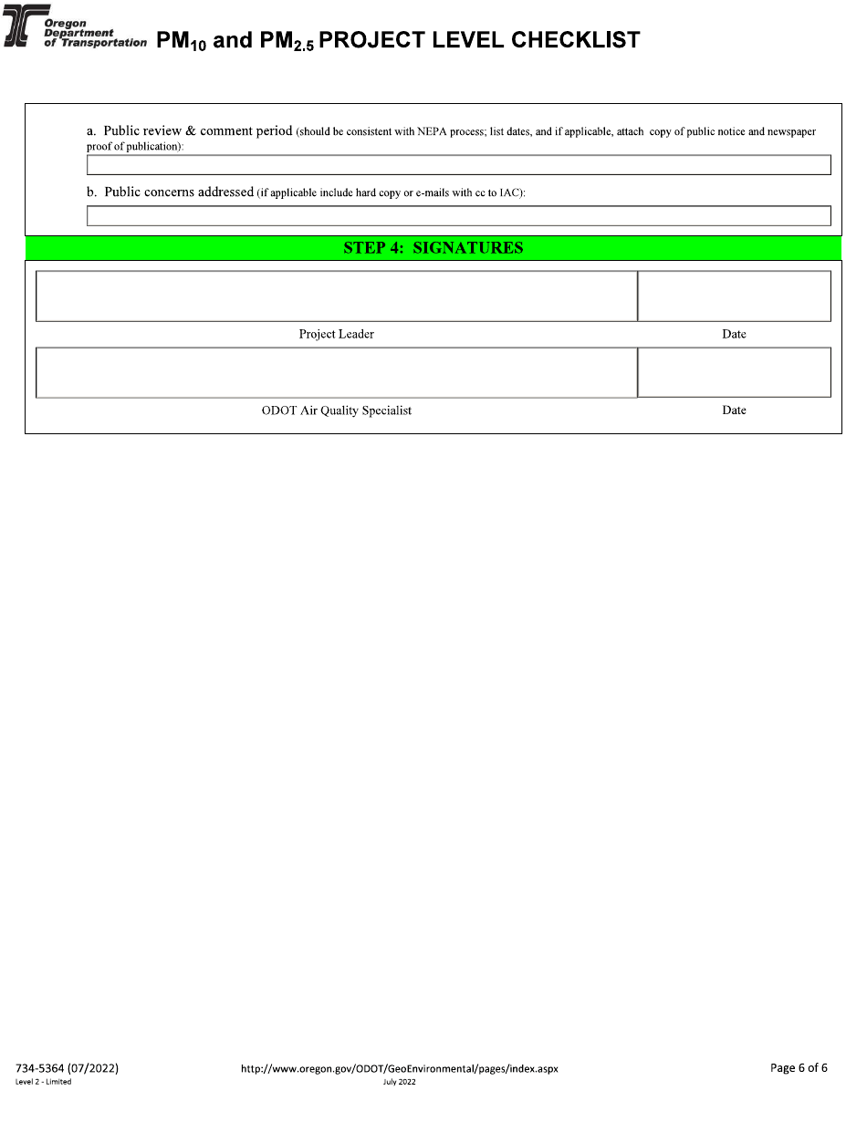 Form 734-5364 Pm10 and Pm2.5 Project Level Checklist - Oregon, Page 6