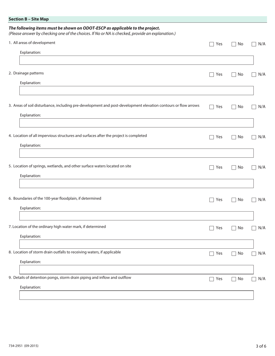 Form 734-2951 Project Evaluation Worksheet to Develop Odot-Erosion  Sediment Control Plan (Escp) - Oregon, Page 3