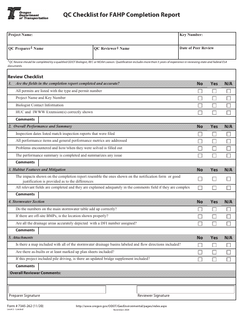 Form 734-5262 Qc Checklist for Fahp Completion Report - Oregon