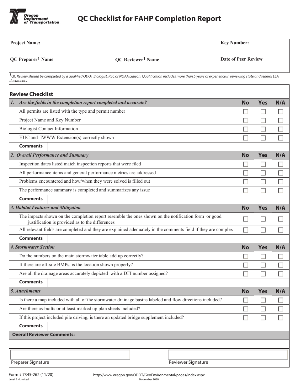 Form 734-5262 Qc Checklist for Fahp Completion Report - Oregon, Page 1