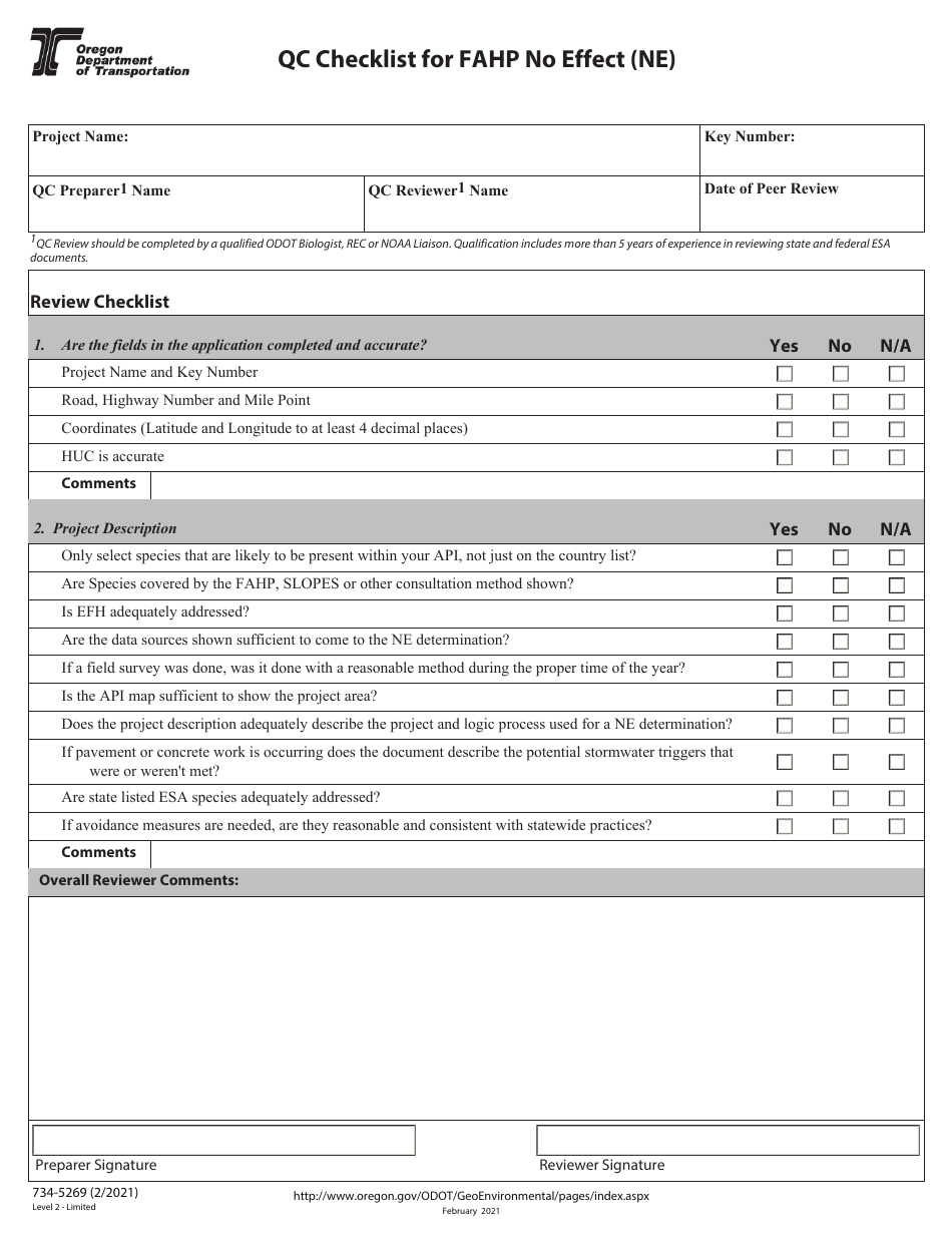 Form 734-5269 Qc Checklist for Fahp No Effect (Ne) - Oregon, Page 1