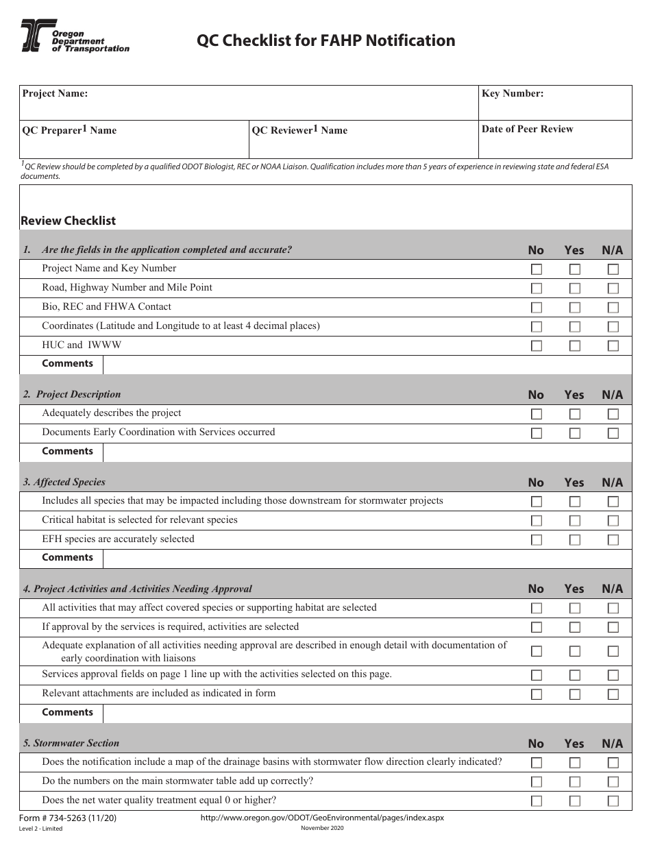 Form 734-5263 Qc Checklist for Fahp Notification - Oregon, Page 1