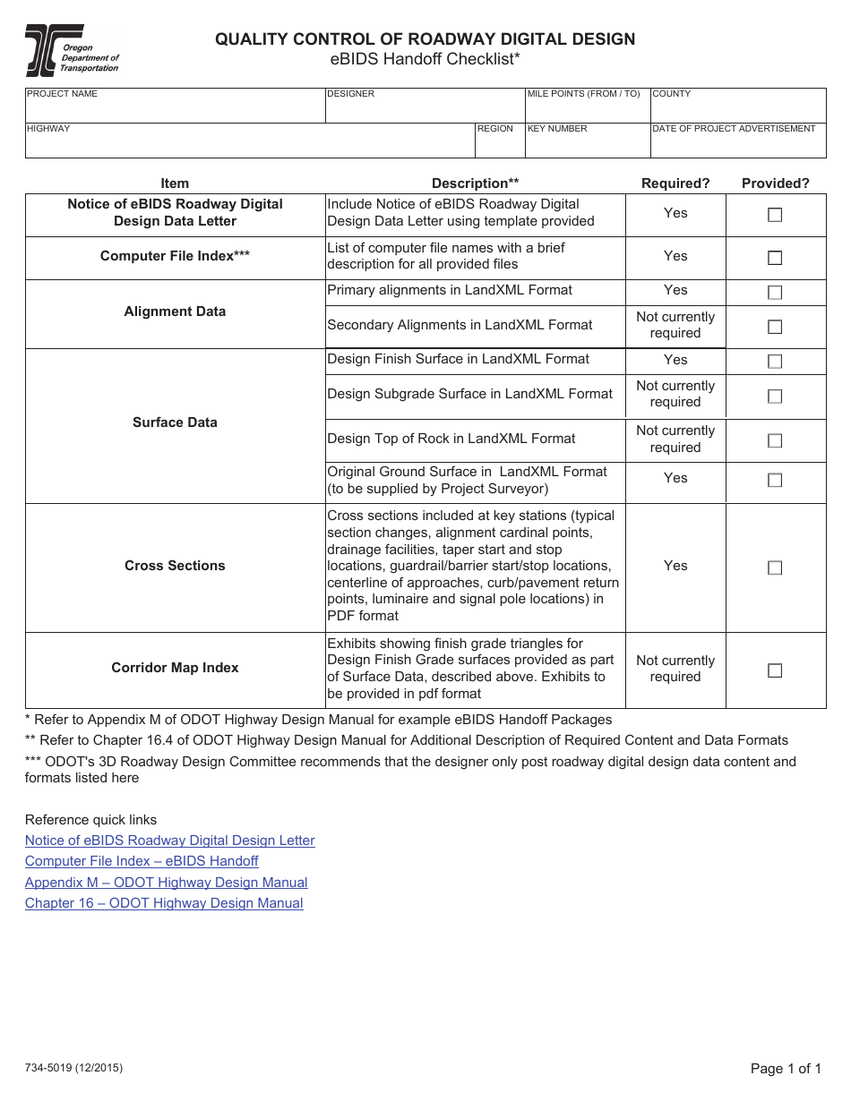 Form 734-5019 Quality Control of Roadway Digital Design Ebids Handoff Checklist - Oregon, Page 1