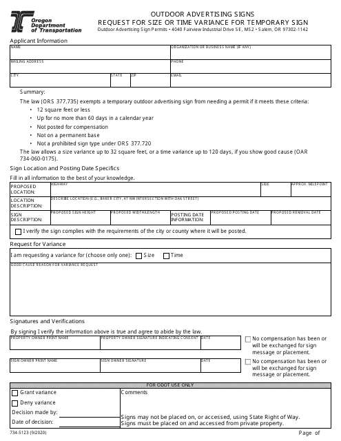 Form 734-5123 Request for Size or Time Variance for Temporary Sign - Oregon