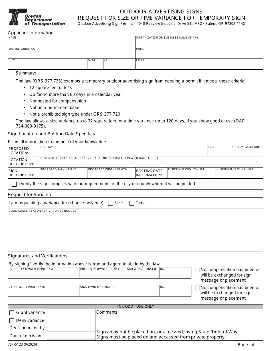 Form 734-5123 Request for Size or Time Variance for Temporary Sign - Oregon, Page 1