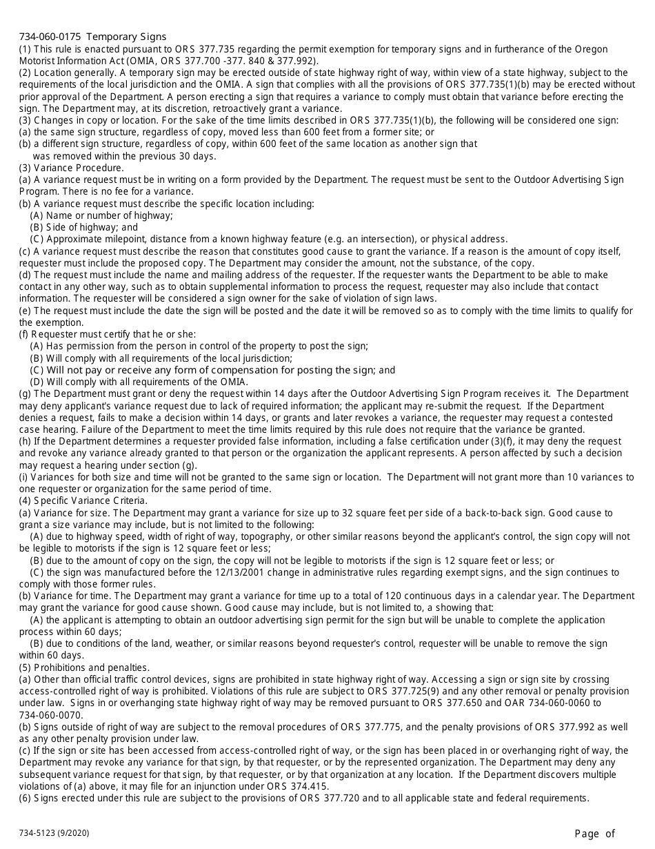 Form 734-5123 Request for Size or Time Variance for Temporary Sign - Oregon, Page 2