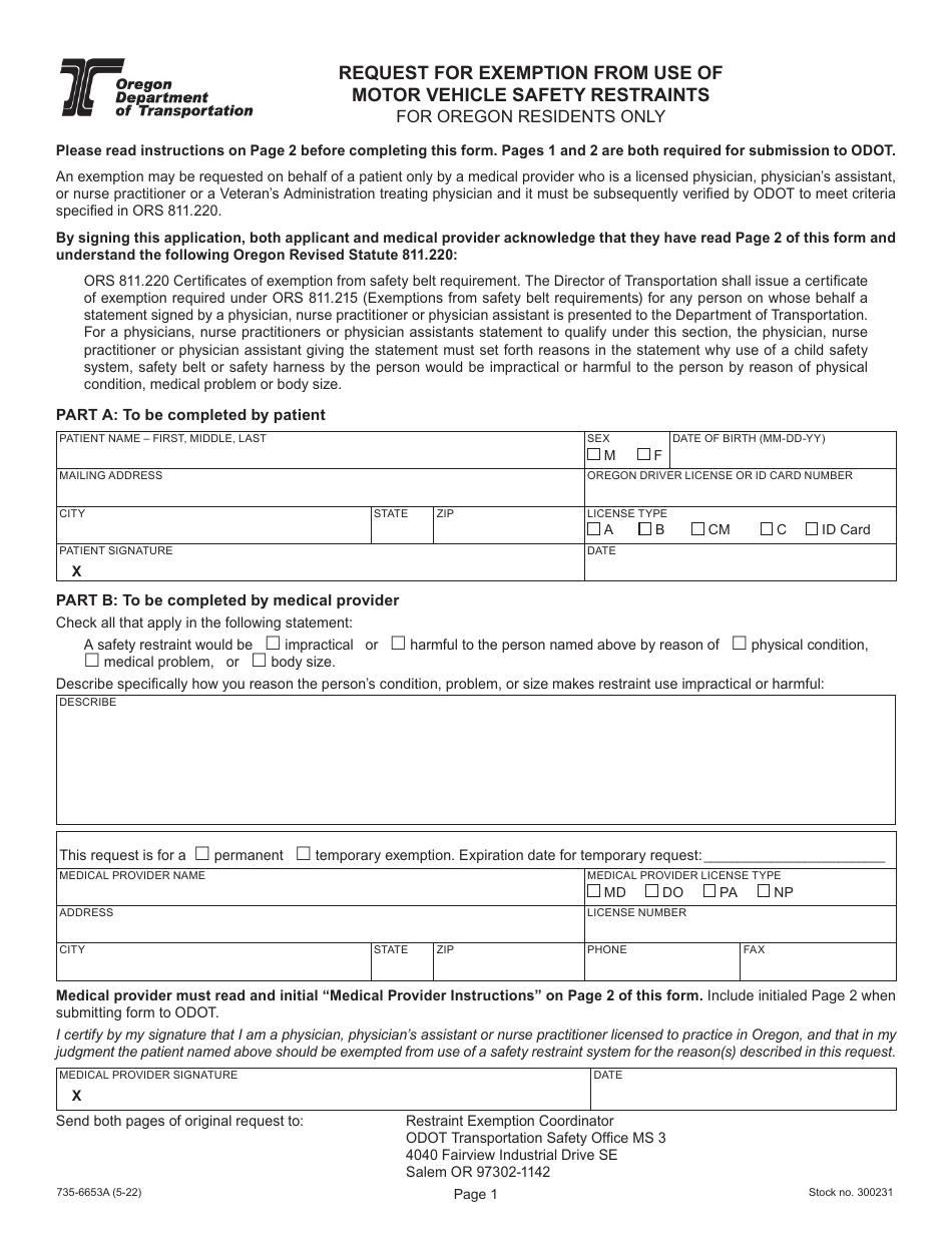 Form 735-6653A Request for Exemption From Use of Motor Vehicle Safety Restraints for Oregon Residents Only - Oregon, Page 1