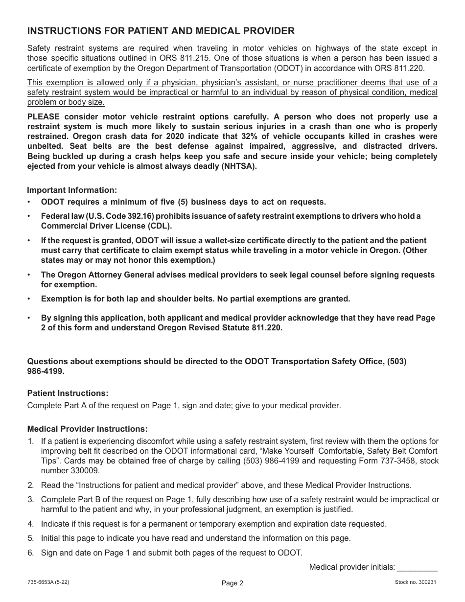 Form 735-6653A Request for Exemption From Use of Motor Vehicle Safety Restraints for Oregon Residents Only - Oregon, Page 2