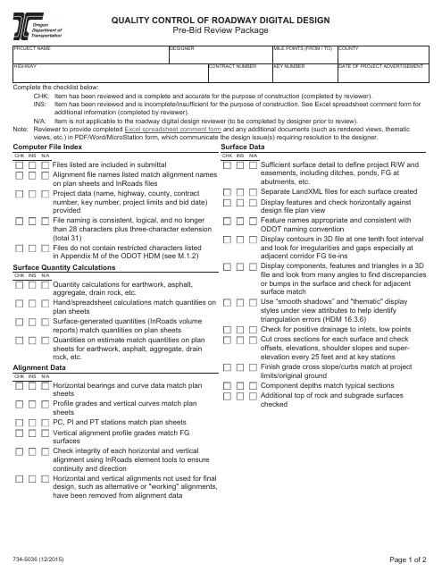 Form 734-5036 Quality Control of Roadway Digital Design Pre-bid Review Package - Oregon
