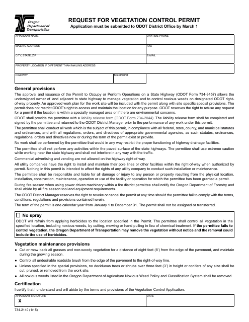 Form 734-2140 Request for Vegetation Control Permit - Oregon