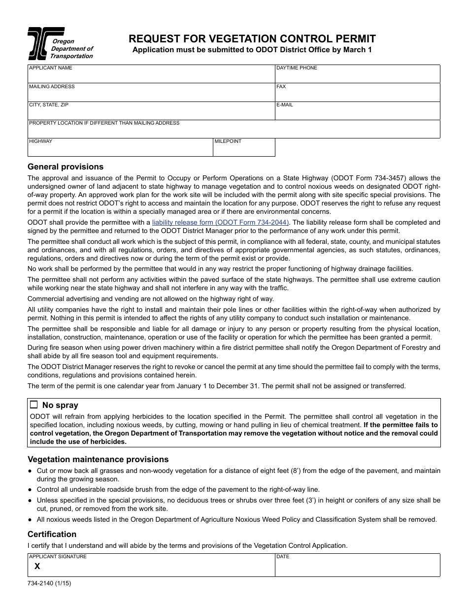 Form 734-2140 Request for Vegetation Control Permit - Oregon, Page 1
