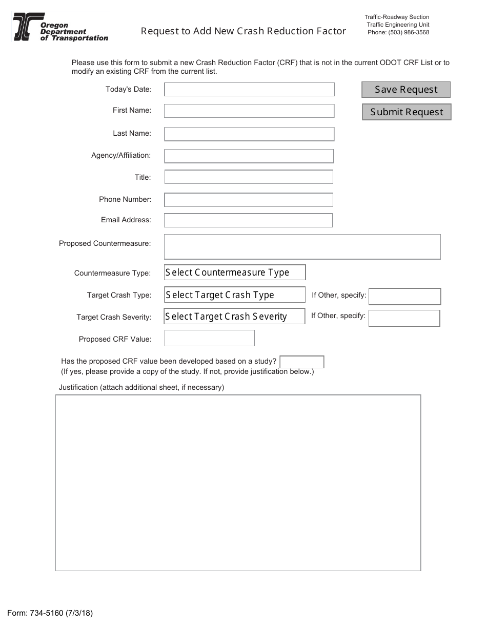 Form 734-5160 Request to Add New Crash Reduction Factor - Oregon, Page 1