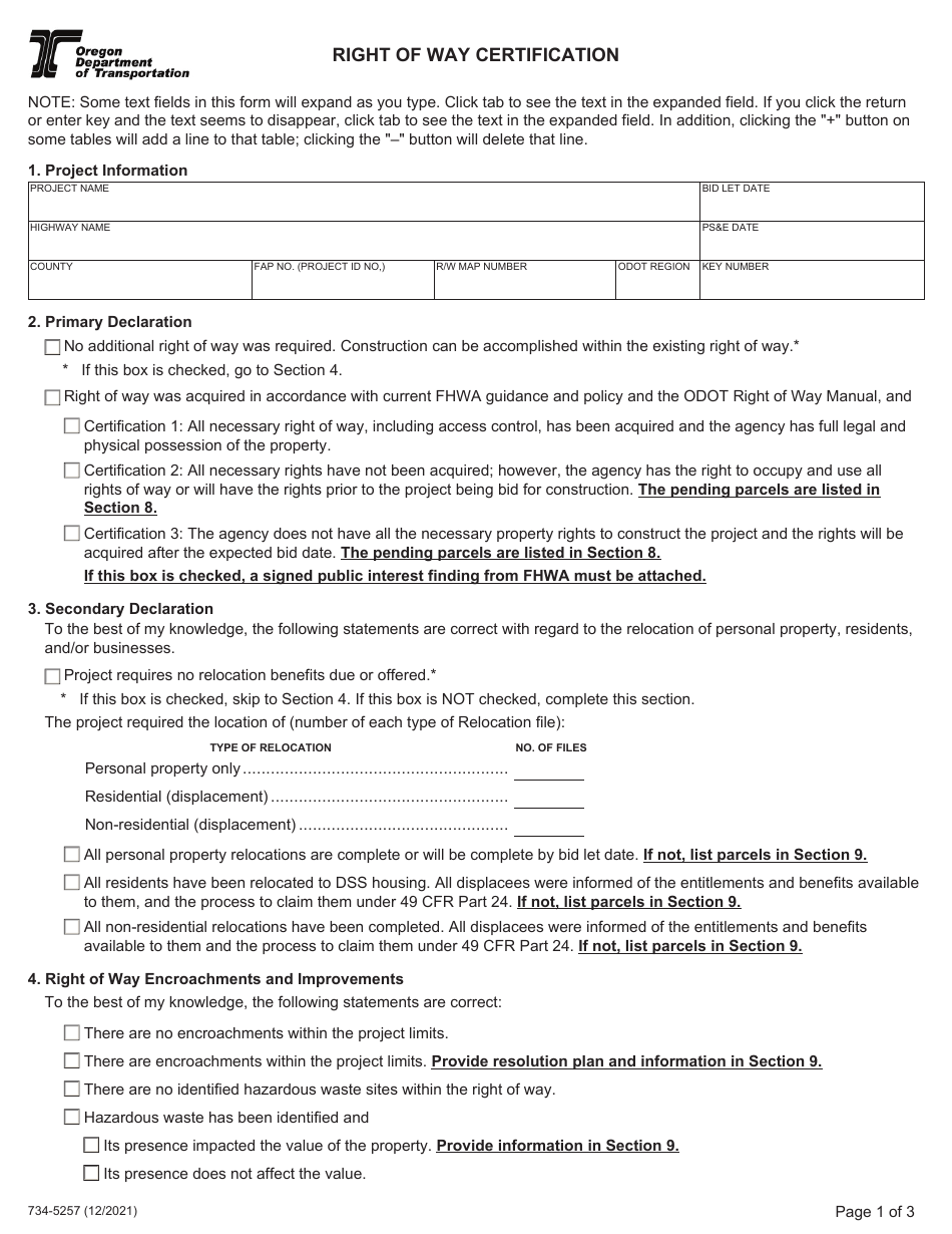 Form 734-5257 - Fill Out, Sign Online and Download Fillable PDF, Oregon ...