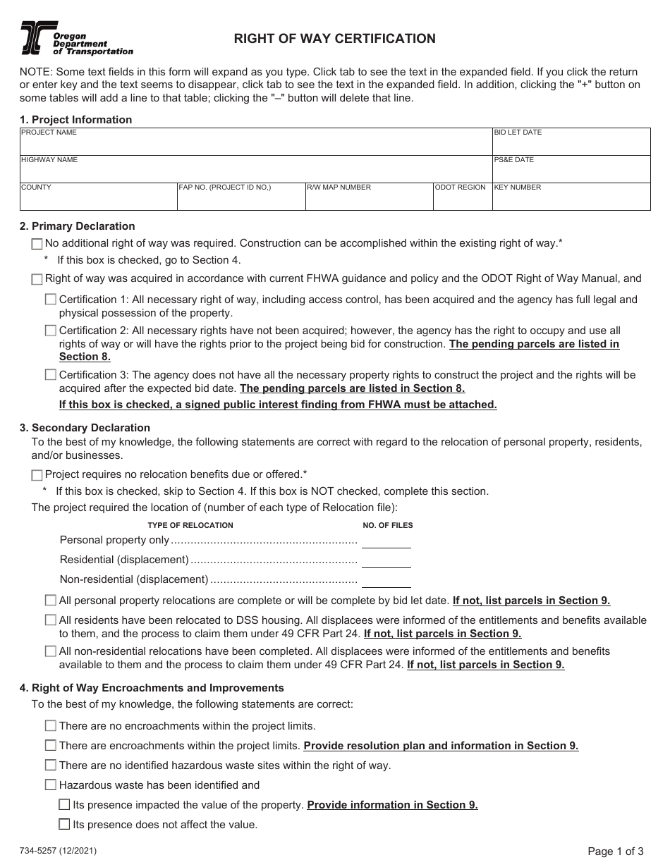 Form 734-5257 Right of Way Certification - Oregon, Page 1