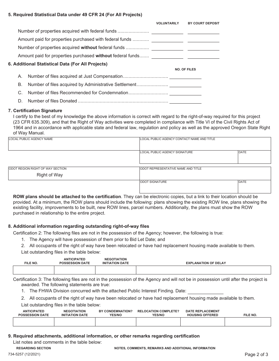 Form 734-5257 Right of Way Certification - Oregon, Page 2