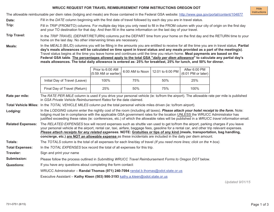 Form 731-0751 Request for Travel Reimbursement - Wrucc Pooled Funds - Oregon, Page 1