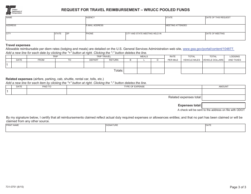 Form 731-0751 Request for Travel Reimbursement - Wrucc Pooled Funds - Oregon, Page 3