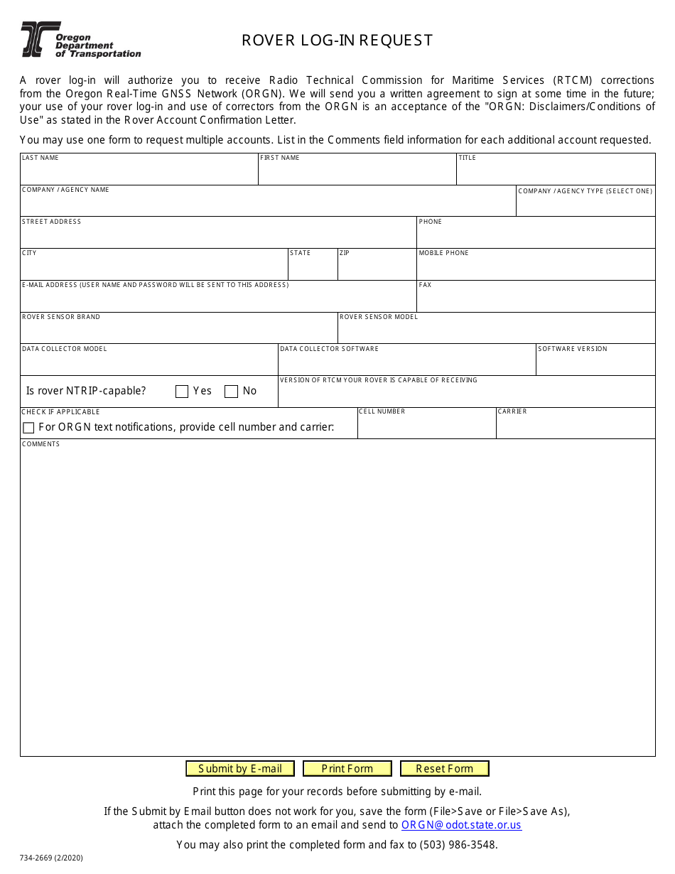 Form 734-2669 Rover Log-In Request - Oregon, Page 1