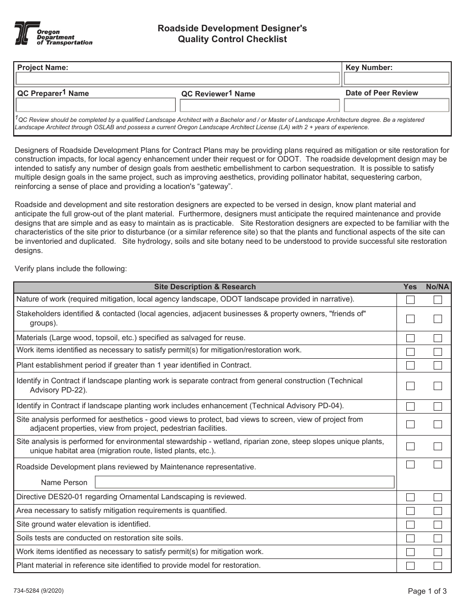 Form 734-5284 Roadside Development Designers Quality Control Checklist - Oregon, Page 1
