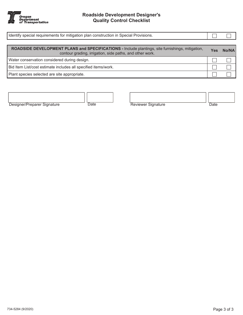 Form 734-5284 Roadside Development Designers Quality Control Checklist - Oregon, Page 3