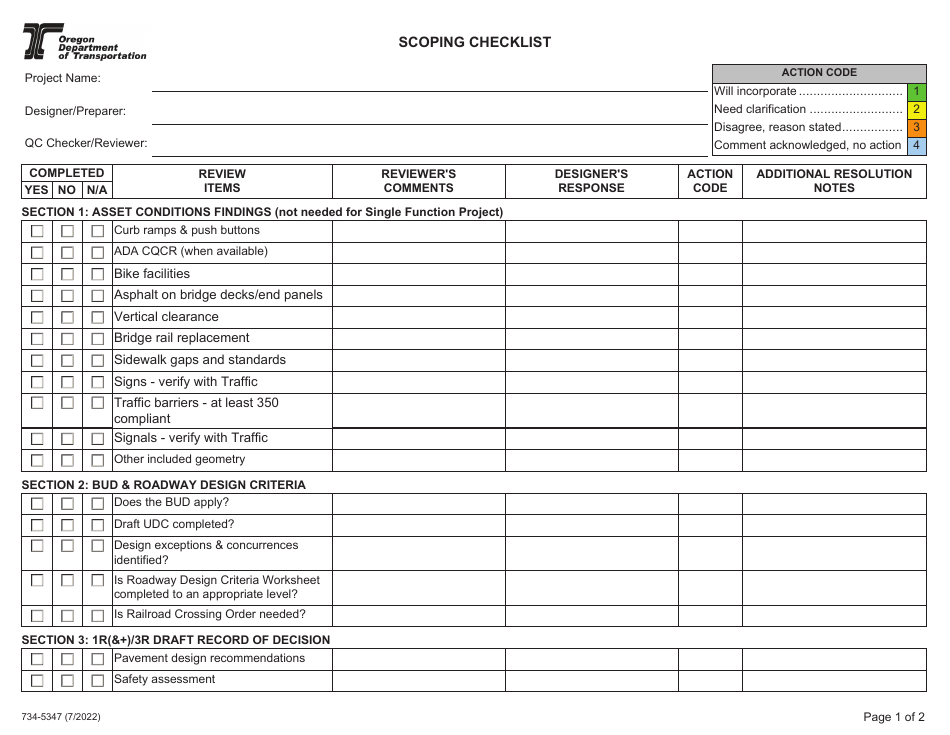 Form 734-5347 Scoping Checklist - Oregon, Page 1