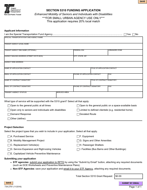 Form 734-2791SU Section 5310 Funding Application for Small Urban Agencies - Enhanced Mobility of Seniors and Individuals With Disabilities - Oregon