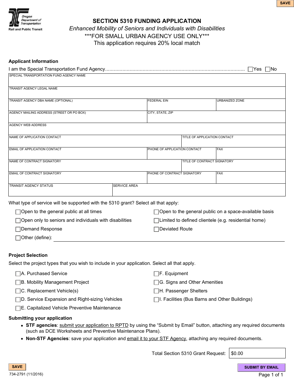 Form 734-2791SU Section 5310 Funding Application for Small Urban Agencies - Enhanced Mobility of Seniors and Individuals With Disabilities - Oregon, Page 1