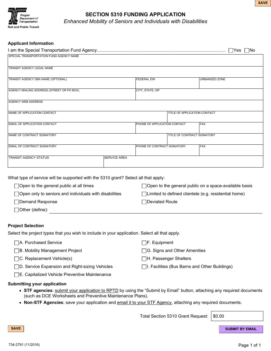 Form 734-2791 Section 5310 Funding Application - Enhanced Mobility of Seniors and Individuals With Disabilities Rail - Oregon, Page 1