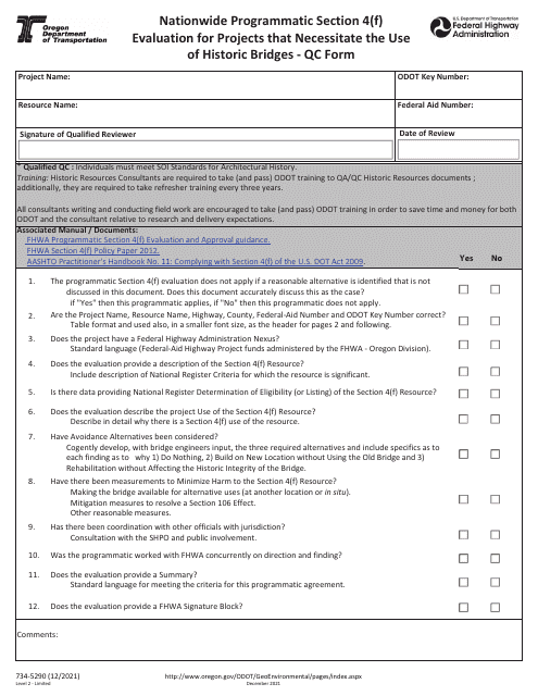 Form 734-5290 Nationwide Programmatic Section 4(F) Evaluation for Projects That Necessitate the Use of Historic Bridges Quality Control Form - Oregon