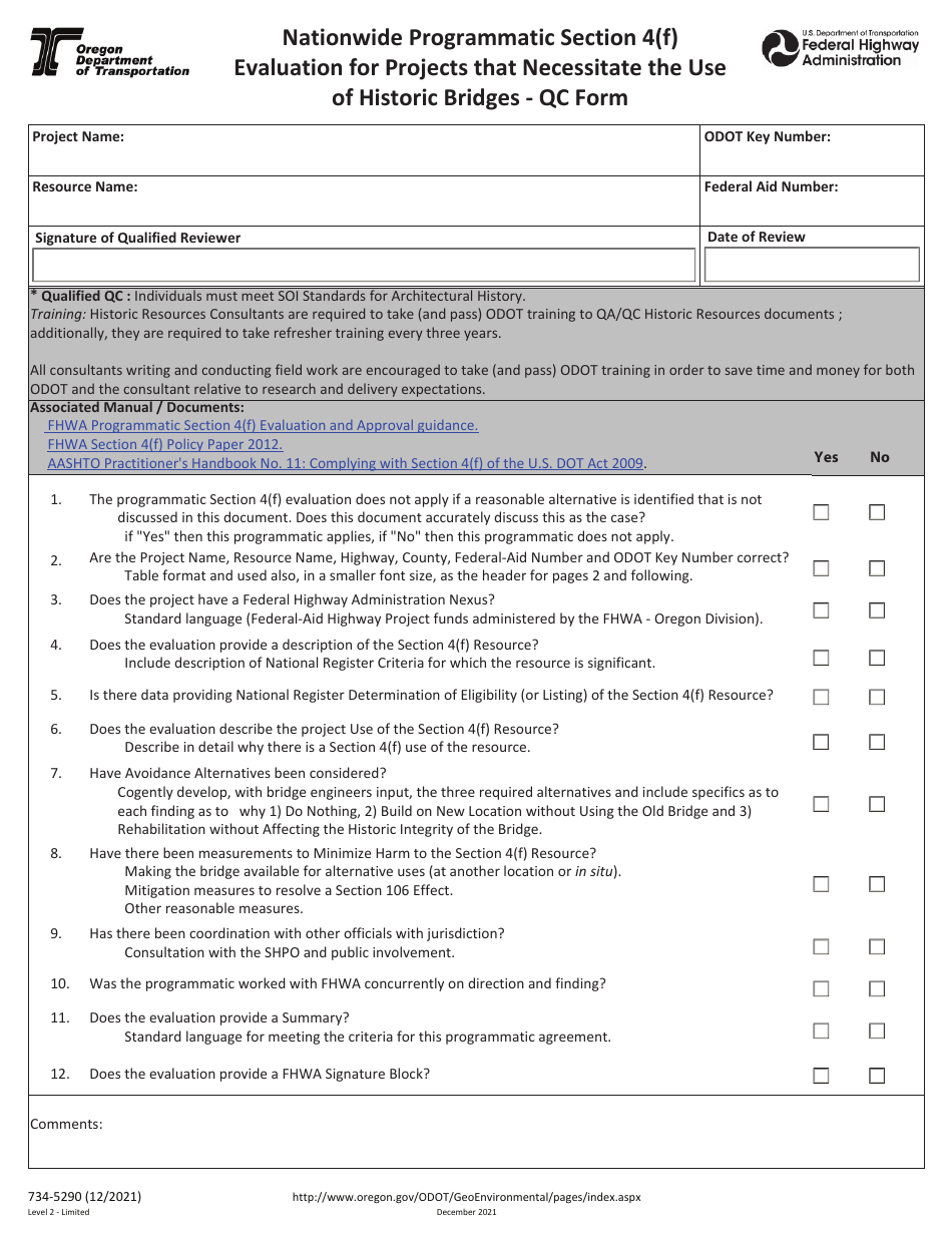Form 734-5290 Nationwide Programmatic Section 4(F) Evaluation for Projects That Necessitate the Use of Historic Bridges Quality Control Form - Oregon, Page 1