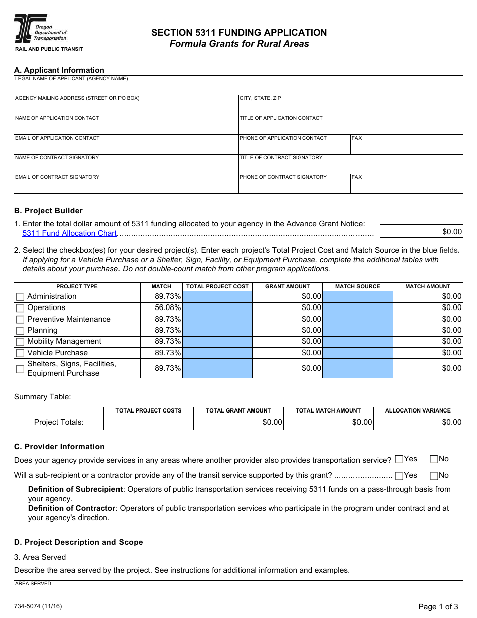 Form 734-5074 Section 5311 Funding Application - Formula Grants for Rural Areas - Oregon, Page 1