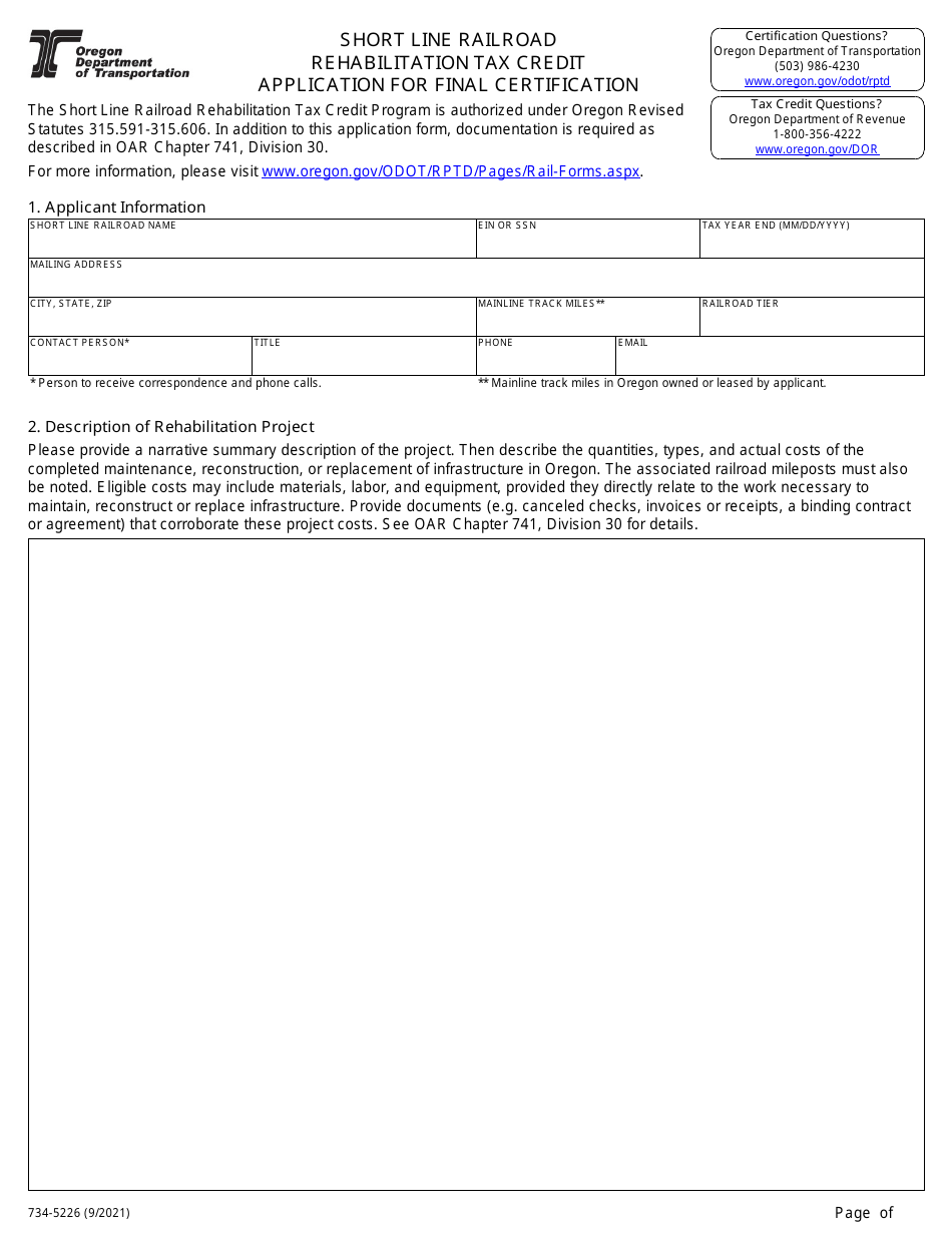 ODOT Form 734-5226 Short Line Railroad Rehabilitation Tax Credit Application for Final Certification - Oregon, Page 1
