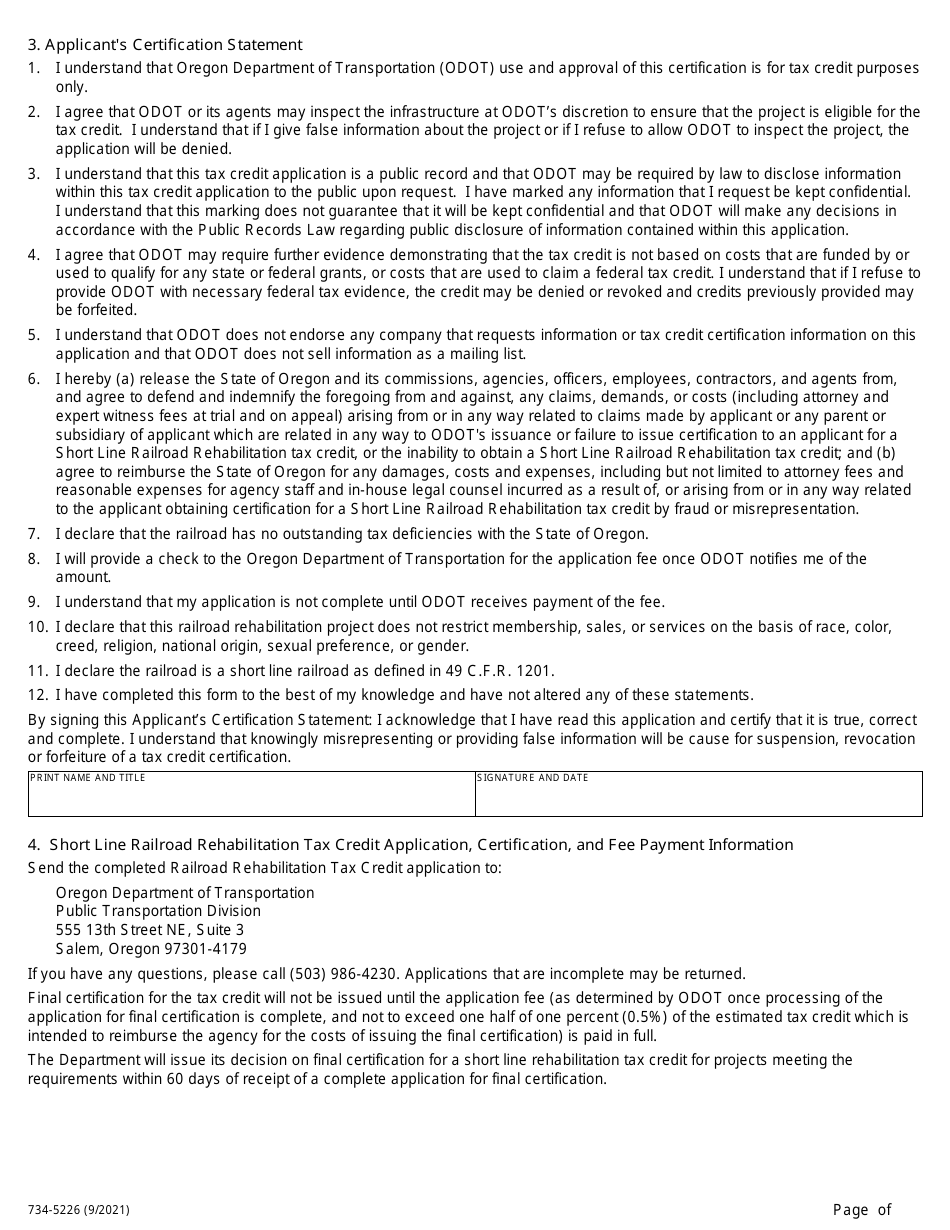 ODOT Form 734-5226 Short Line Railroad Rehabilitation Tax Credit Application for Final Certification - Oregon, Page 2