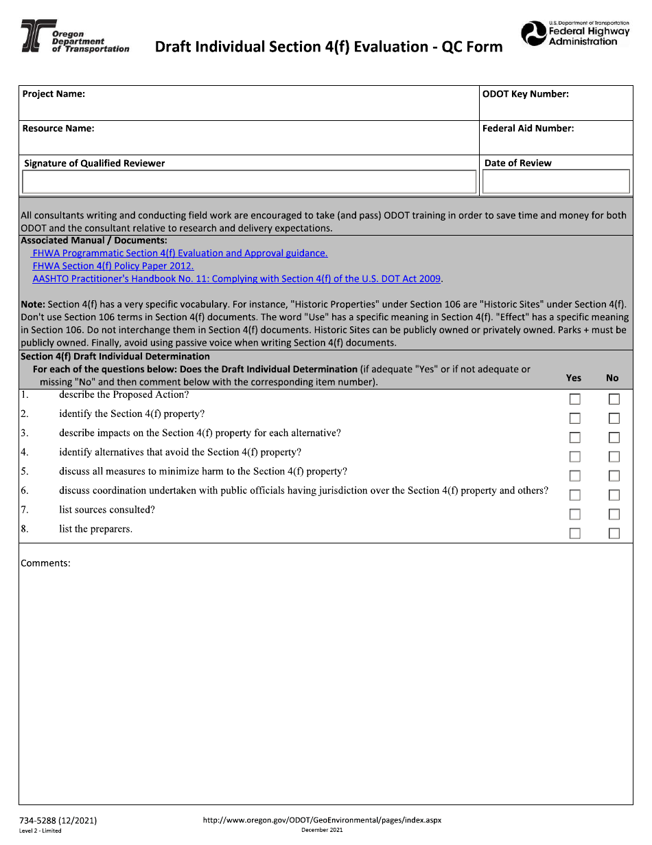 Form 734-5288 Draft Individual Section 4(F) Evaluation - Qc Form - Oregon, Page 1