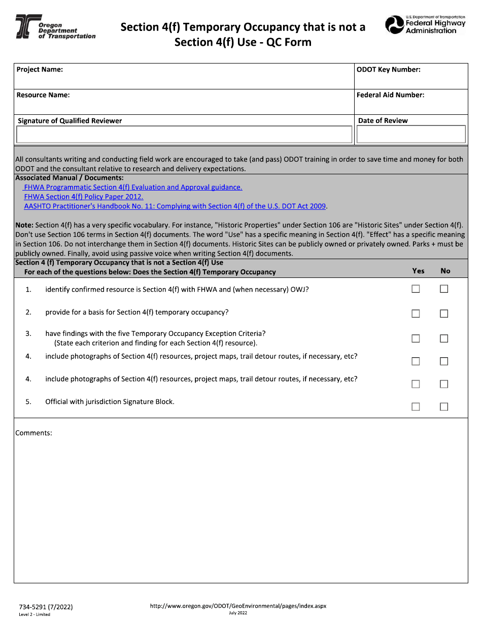 Form 734-5291 Section 4(F) Temporary Occupancy That Is Not a Section 4(F) Use - Qc Form - Oregon, Page 1