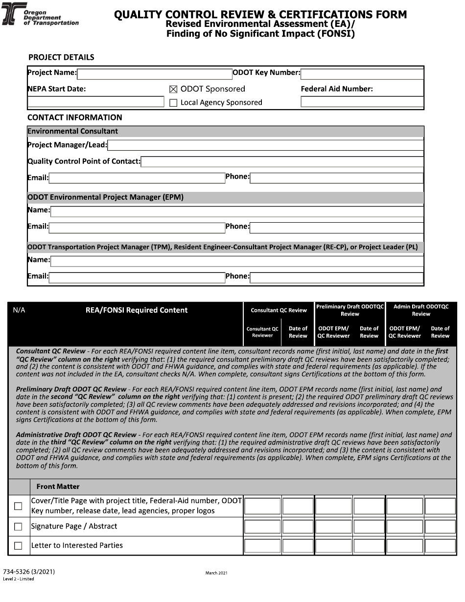 Form 734-5326 Quality Control Review  Certifications Form - Revised Environmental Assessment (Ea) / Finding of No Significant Impact (Fonsi) - Oregon, Page 1