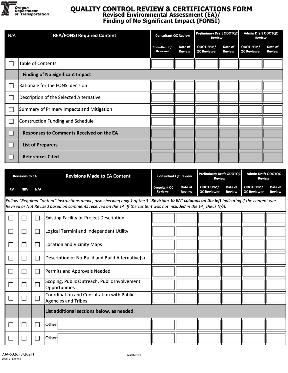 Form 734-5326 Quality Control Review  Certifications Form - Revised Environmental Assessment (Ea) / Finding of No Significant Impact (Fonsi) - Oregon, Page 2