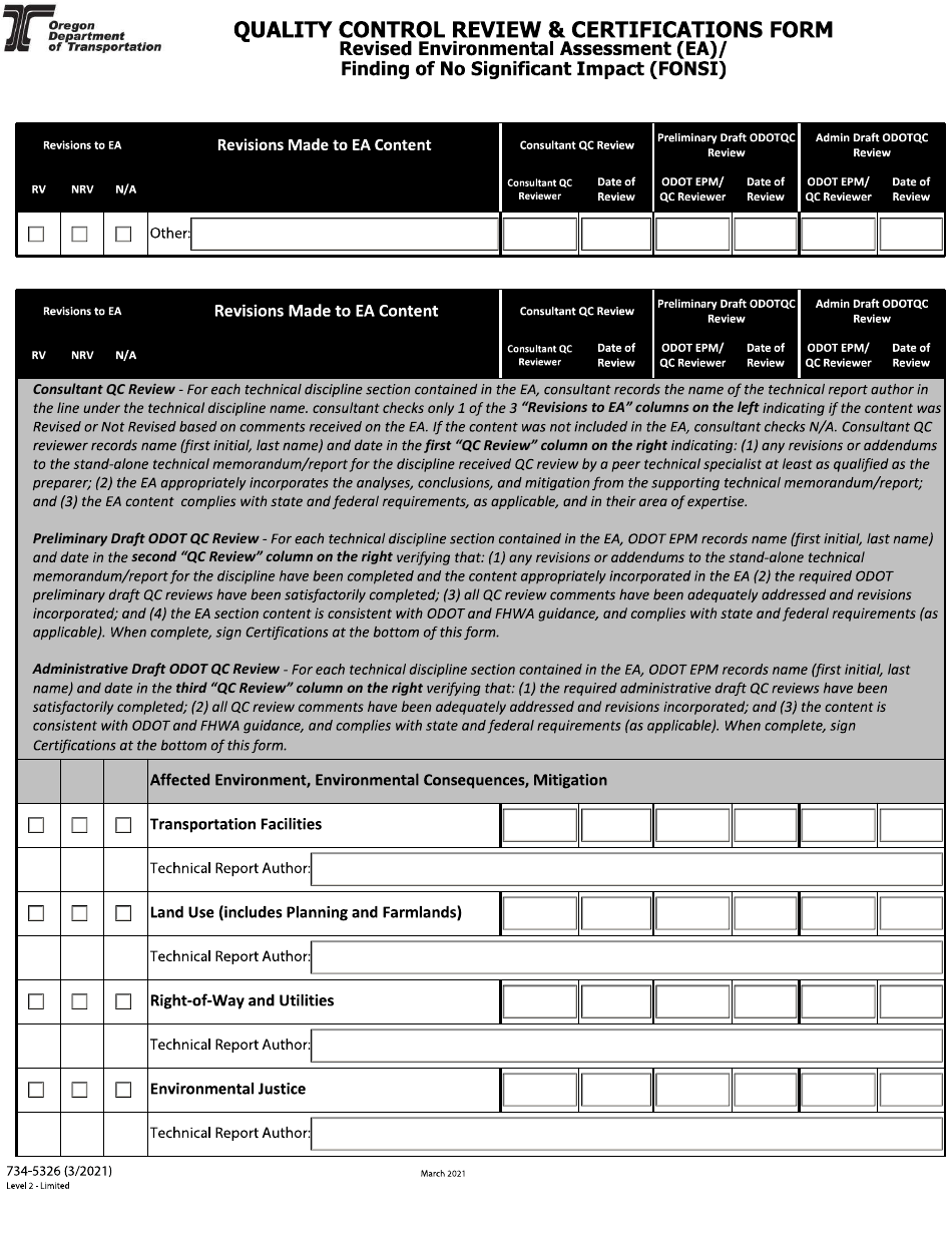 Form 734-5326 Quality Control Review  Certifications Form - Revised Environmental Assessment (Ea) / Finding of No Significant Impact (Fonsi) - Oregon, Page 3
