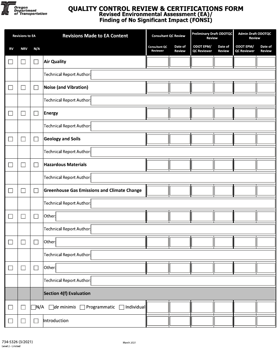 Form 734-5326 Quality Control Review  Certifications Form - Revised Environmental Assessment (Ea) / Finding of No Significant Impact (Fonsi) - Oregon, Page 5