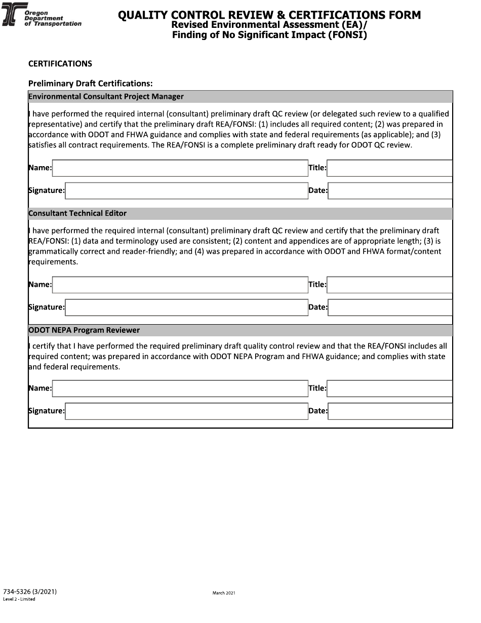 Form 734-5326 Quality Control Review  Certifications Form - Revised Environmental Assessment (Ea) / Finding of No Significant Impact (Fonsi) - Oregon, Page 7