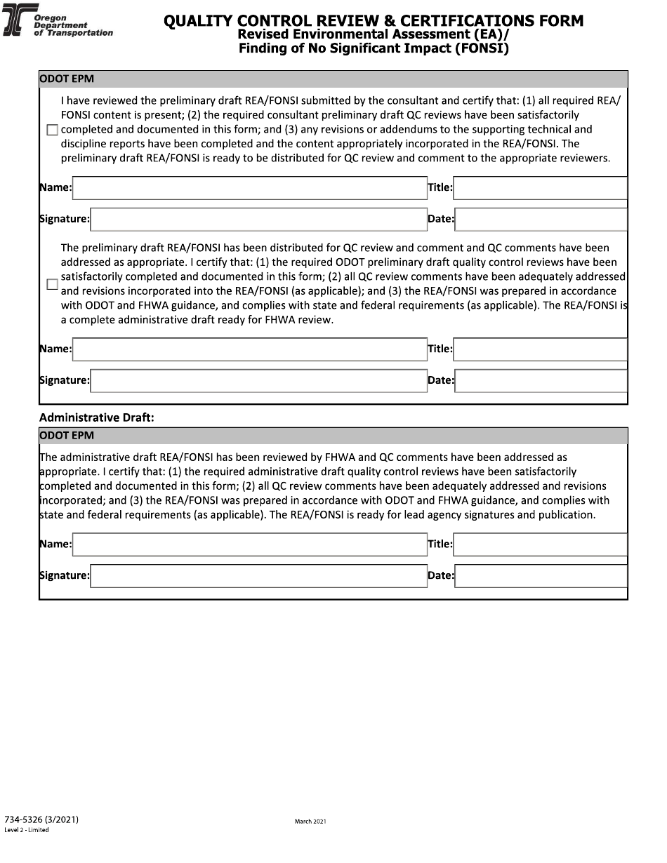 Form 734-5326 Quality Control Review  Certifications Form - Revised Environmental Assessment (Ea) / Finding of No Significant Impact (Fonsi) - Oregon, Page 8