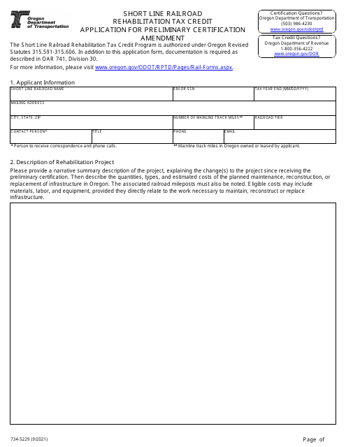 ODOT Form 734-5229 Short Line Railroad Rehabilitation Tax Credit Application for Preliminary Certification Amendment - Oregon
