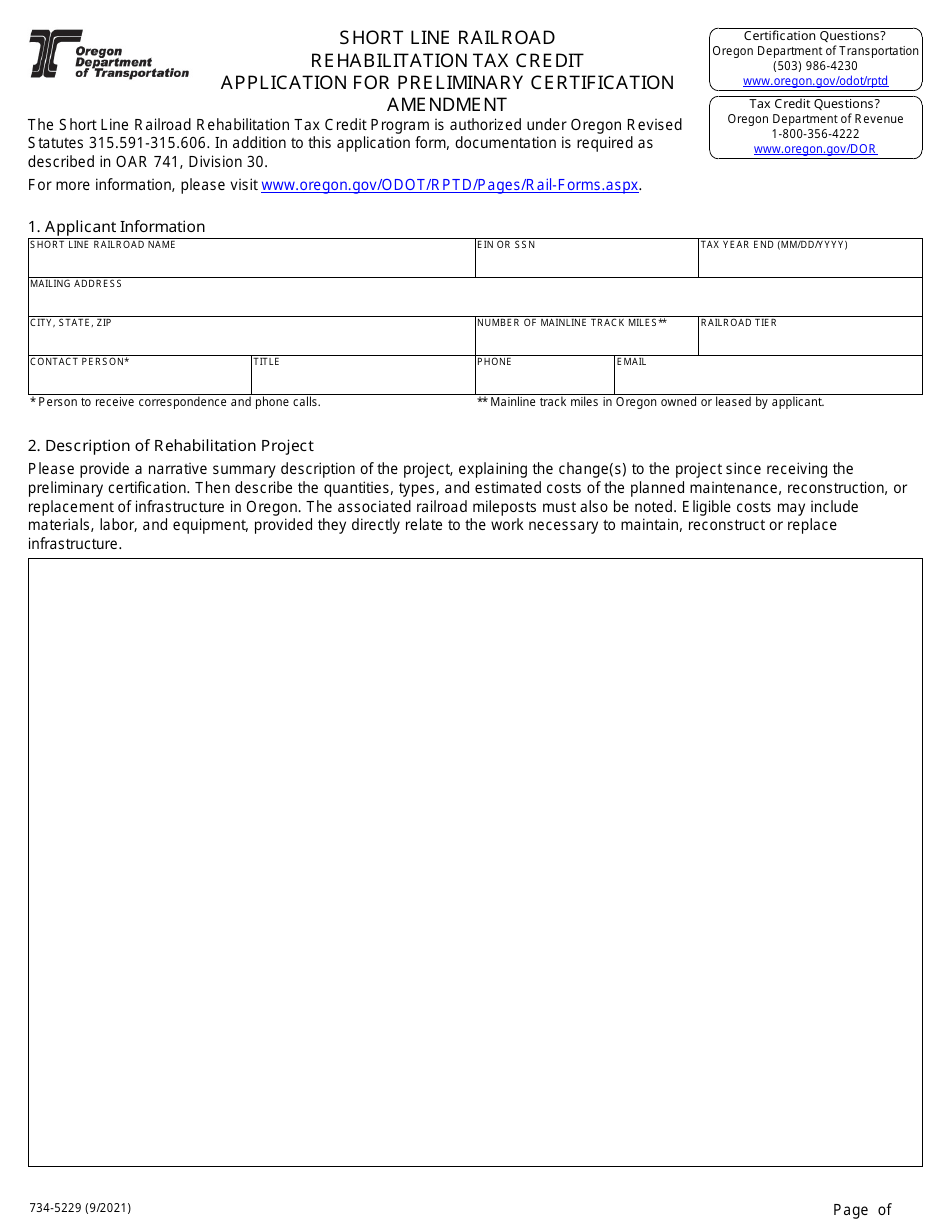 ODOT Form 734-5229 Short Line Railroad Rehabilitation Tax Credit Application for Preliminary Certification Amendment - Oregon, Page 1