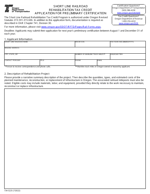 ODOT Form 734-5225 Short Line Railroad Rehabilitation Tax Credit Application for Preliminary Certification - Oregon