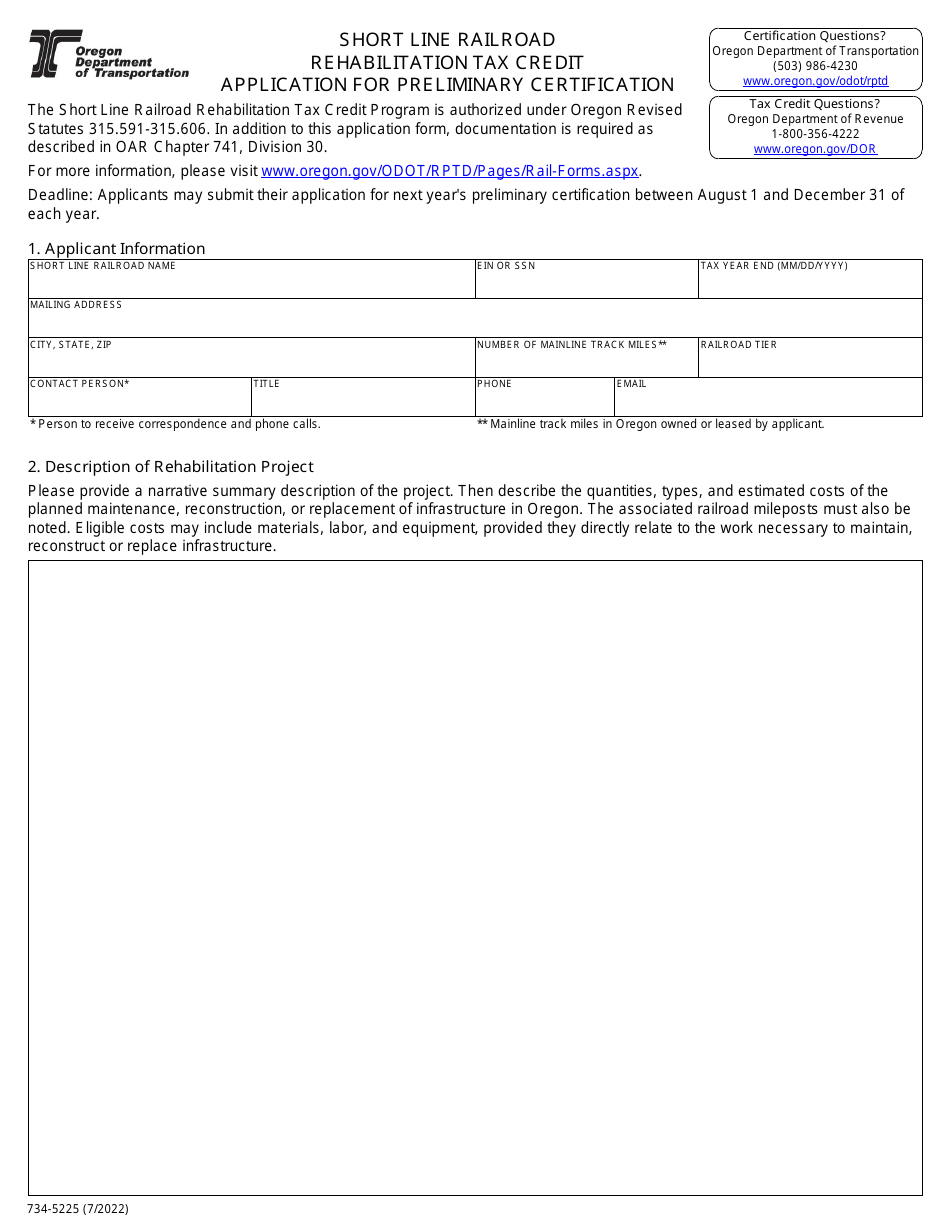 ODOT Form 734-5225 Short Line Railroad Rehabilitation Tax Credit Application for Preliminary Certification - Oregon, Page 1